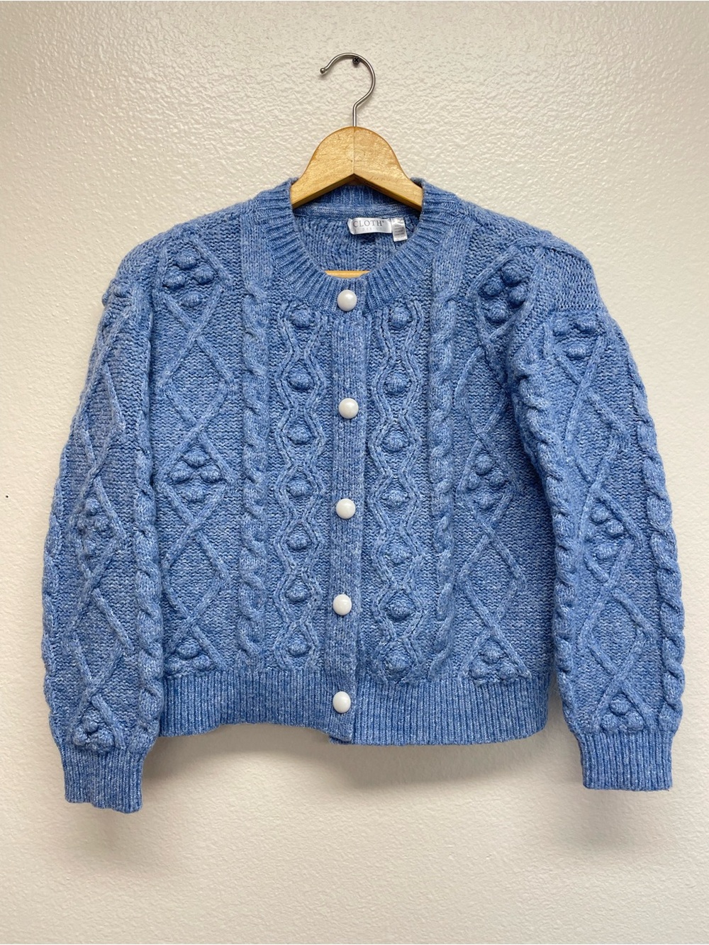 Cloth by Design Women’s Small Blue Cable Knit Cardigan Large White Buttons Cozy